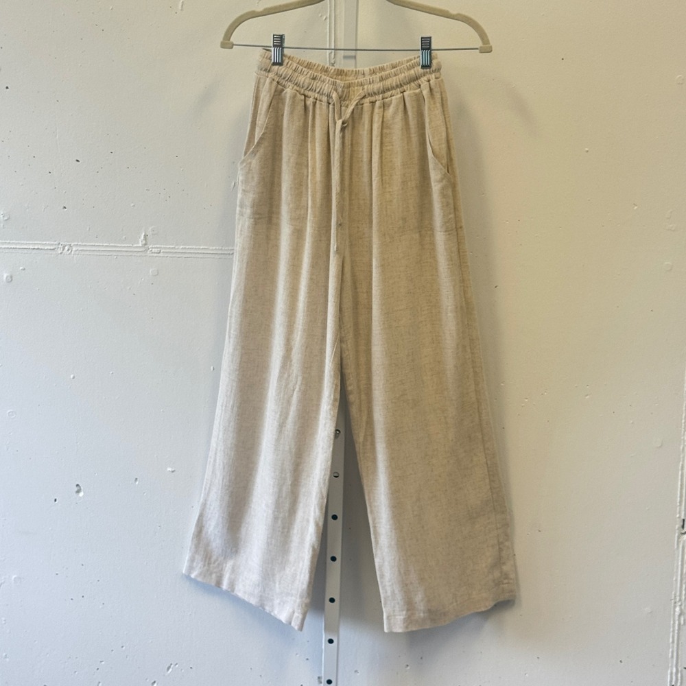 HERSY Beige Linen Blend Wide Leg Drawstring Pants HSET0008 Small Summer Relaxed
